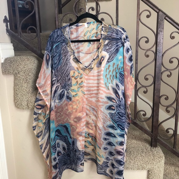 Beaded Multi Chiffon Cover/Scarf Or Long Top O/S - Picture 1 of 6